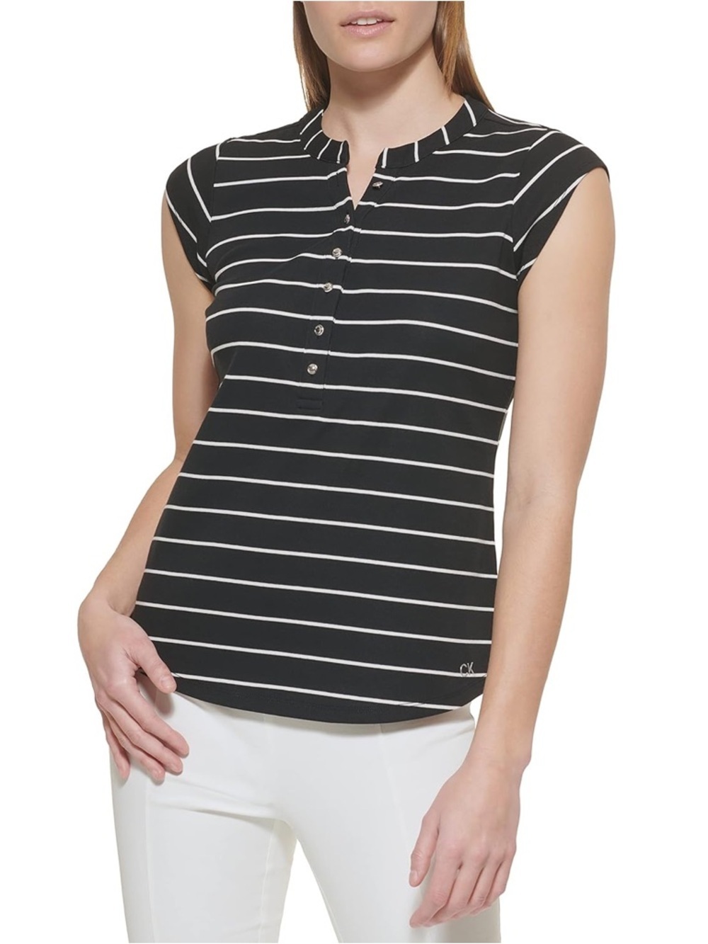 Calvin Klein Black and White Striped Cap Sleeve Henley Top XL